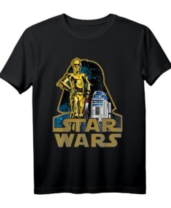 Star Wars Vader Head Out Line Logo T-Shirt mit C-3PO & R2-D2 Portrait - Offiziell lizenziertes Fan-Design