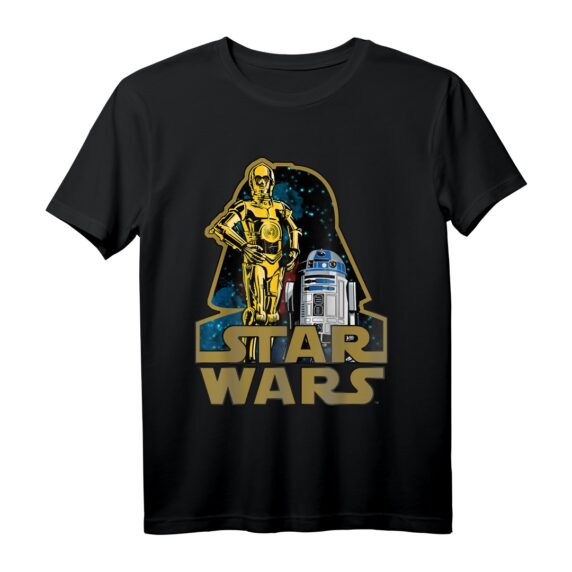 Star Wars Vader Head Out Line Logo T-Shirt mit C-3PO & R2-D2 Portrait - Offiziell lizenziertes Fan-Design