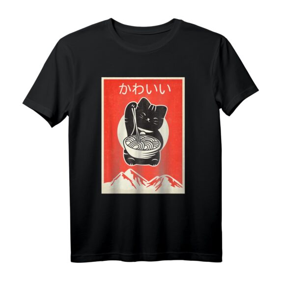 Vintage Kawaii Cat Anime T-Shirt - Retro Japanischer Style, Perfekt für Katzen-, Anime- und Ramen-Fans als Geschenk